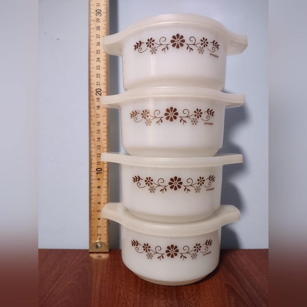 Temocrisa Dynaware Set of 4 Casserole Bowl Dish w/ Lids Milk Glass Brown Daisy